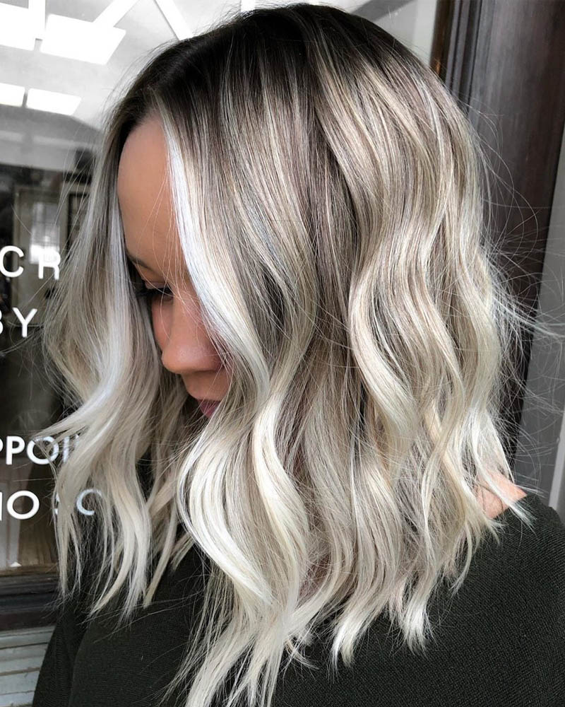 medium length hairstyles women golden and platinum balayage lob Luxe Digital