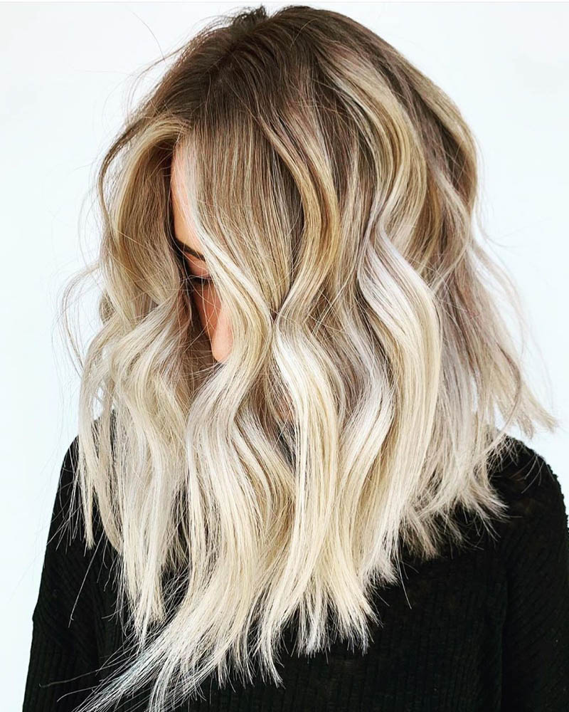 medium length hairstyles women golden and platinum balayage lob Luxe Digital
