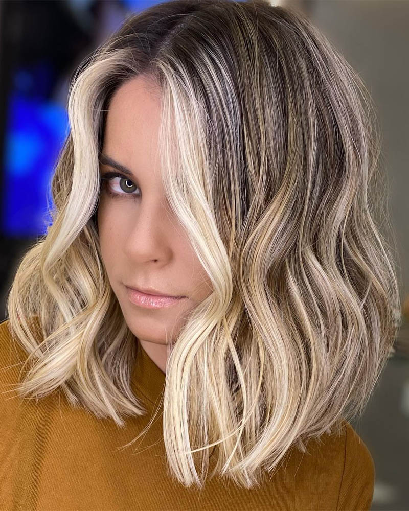 medium length hairstyles women long tousled lob with root fade Luxe Digital