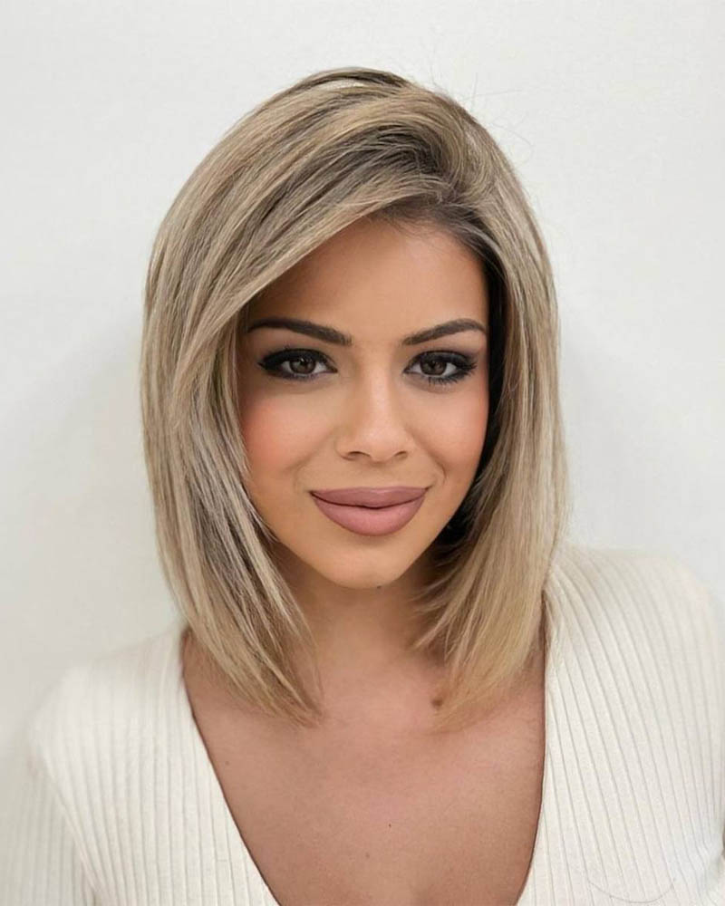 medium length hairstyles women straight blonde bob blowout Luxe Digital