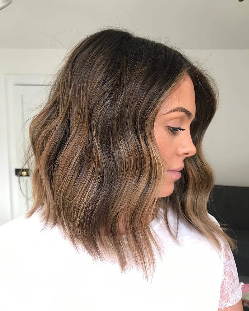 medium length hairstyles women wavy caramel balayage lob Luxe digital